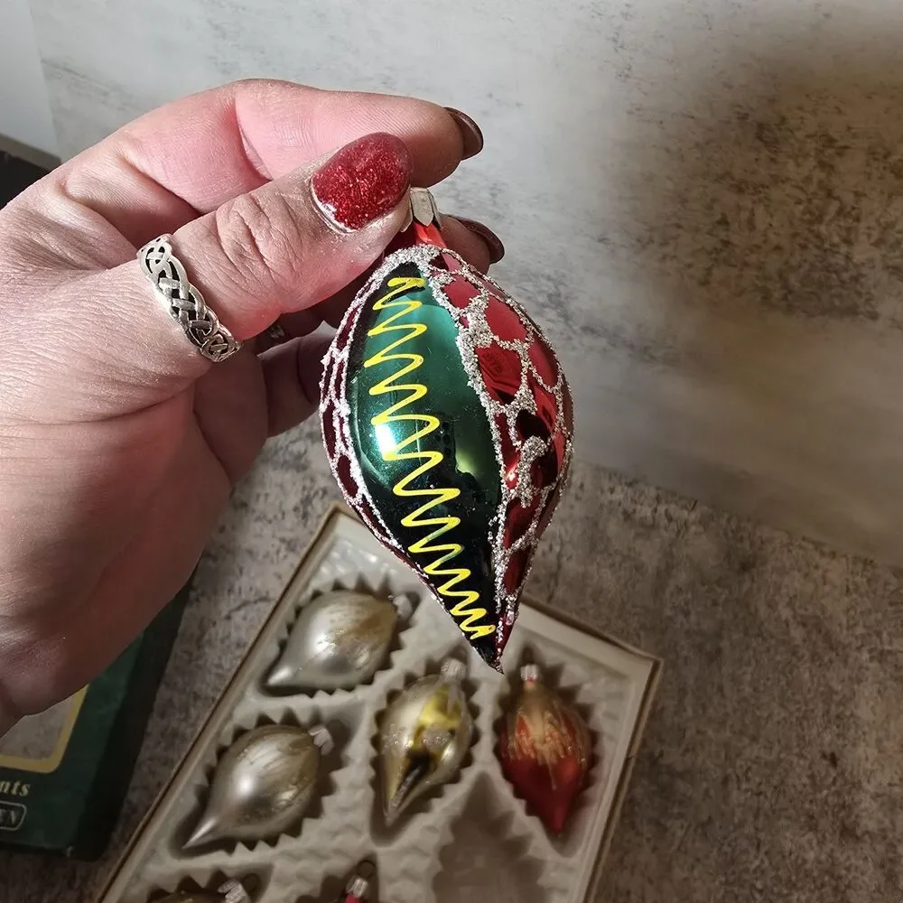 Vintage Glitter Mercury Glass Christmas Ornaments Europe Teardrop Tree Set Of 7